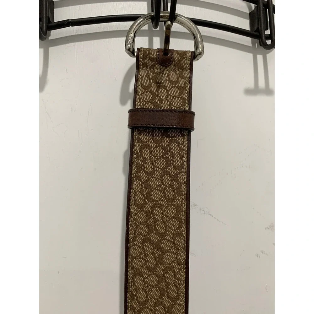 Coach Signature Monogram Canvas Brown Leather Belt Silver D-Ring Buckle Khaki